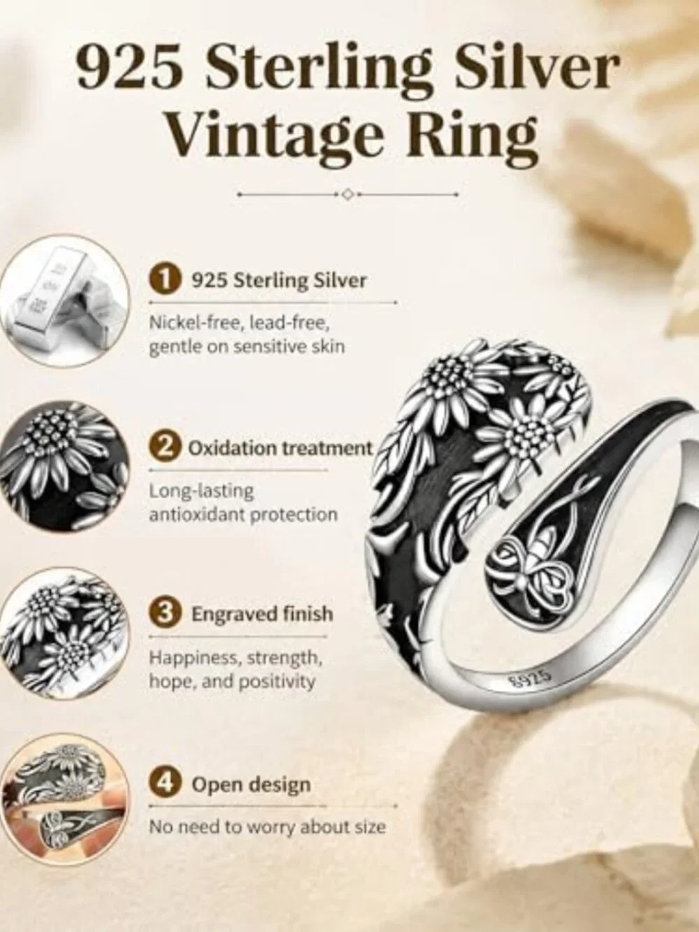 Vintage 925 Sterling Silver Adjustable Spoon Ring for Women - Unique Thumb Wrap